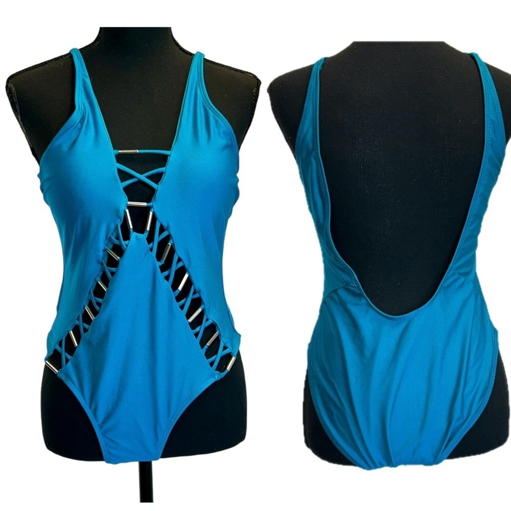 Tinibikini blue one piece swimsuit braided cutouts open low back sexy XL